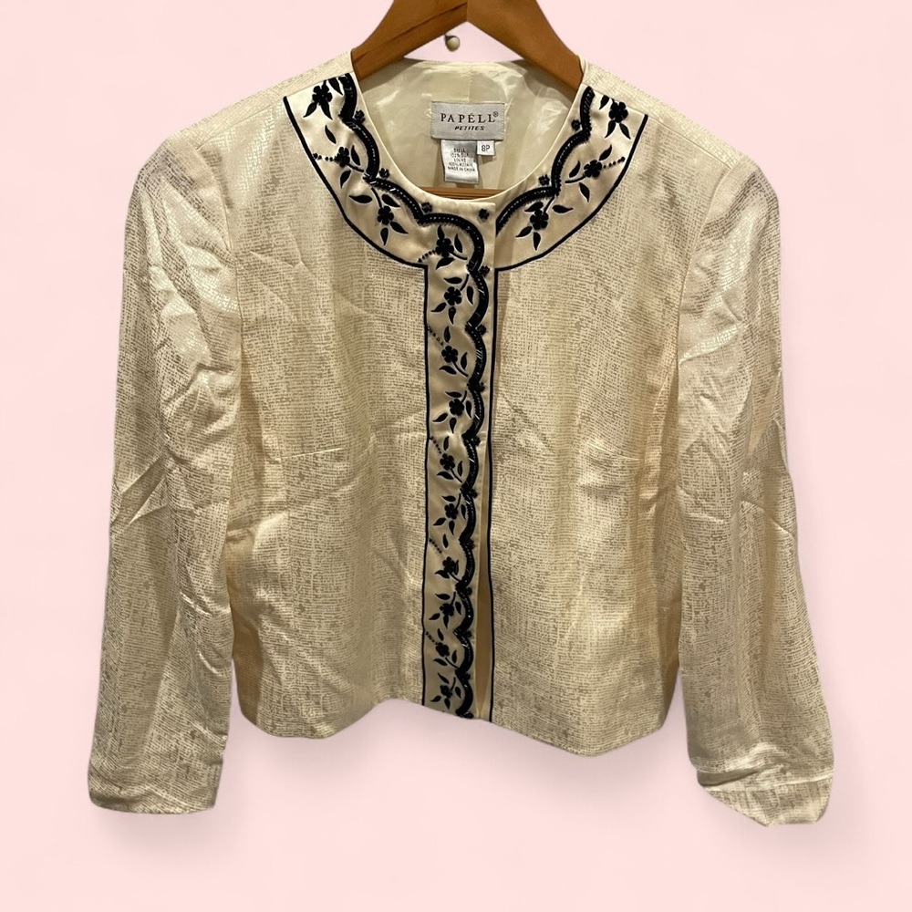 Stunning dreamy creamy silk blazer black scalloped embroidery sequin trim